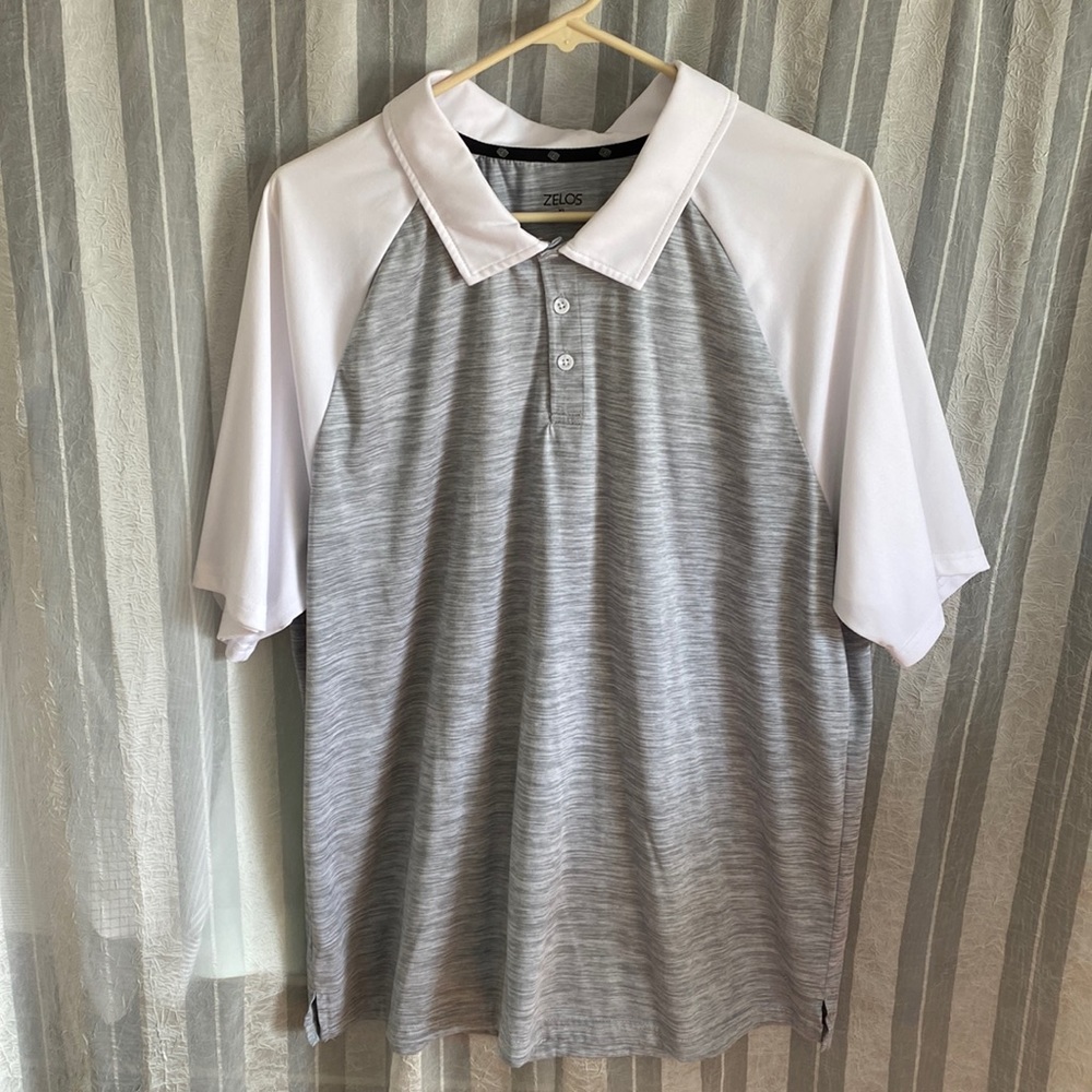 Mens Zelos wet dry polo size extra large heather gray and white color NWOT